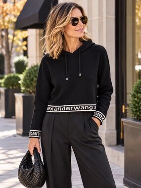 Alexander Wang Black Logo Trim Knit Hooded Sweater Estimated L